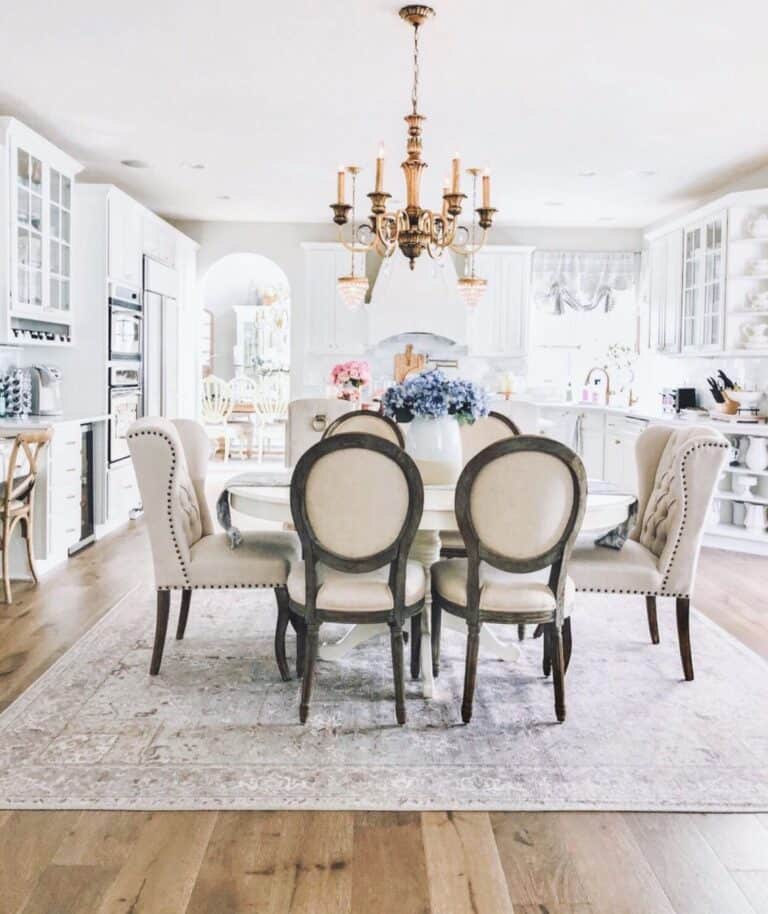 Farmhouse Dining Room with Light Gray Vintage Rug