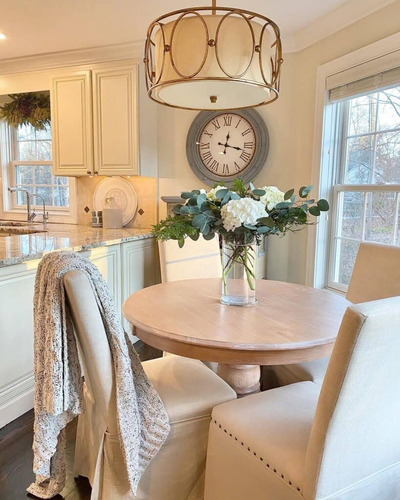 Farmhouse Dining Room with Round Pedestal Table