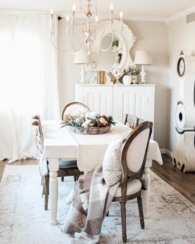 Farmhouse Dining Room with White Metal Chandelier