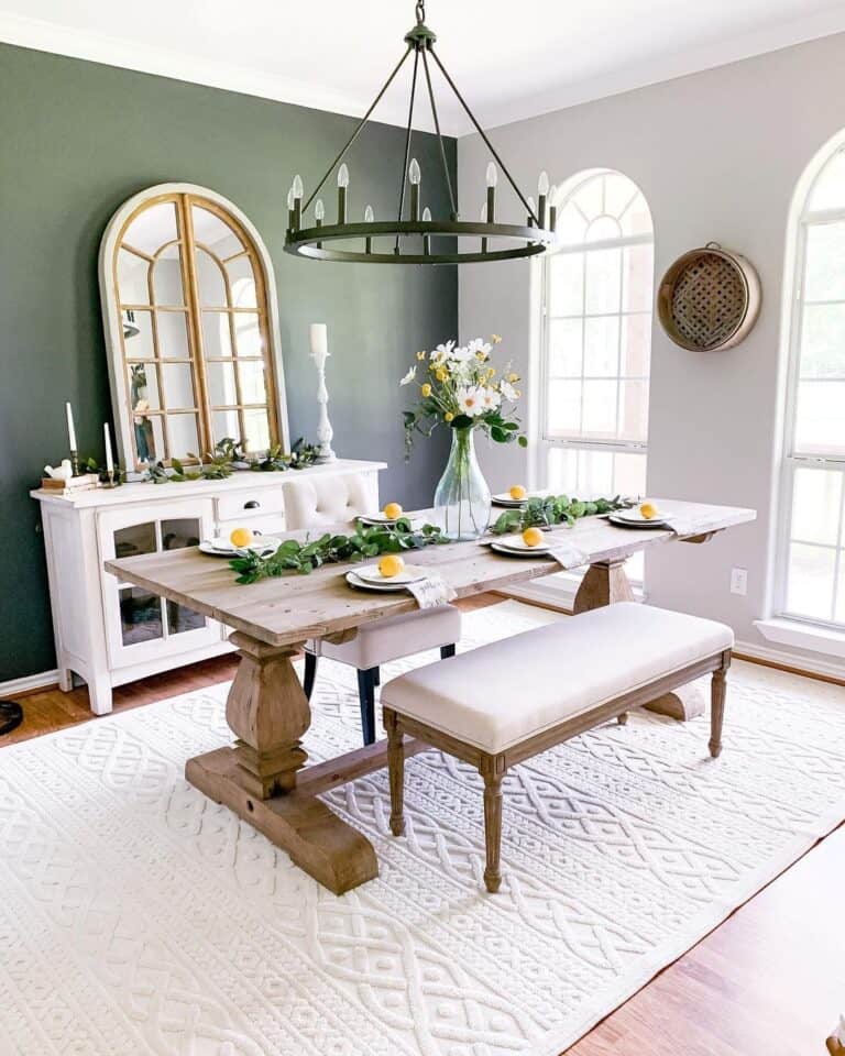 Farmhouse Dining Room with White Tufted Area Rug