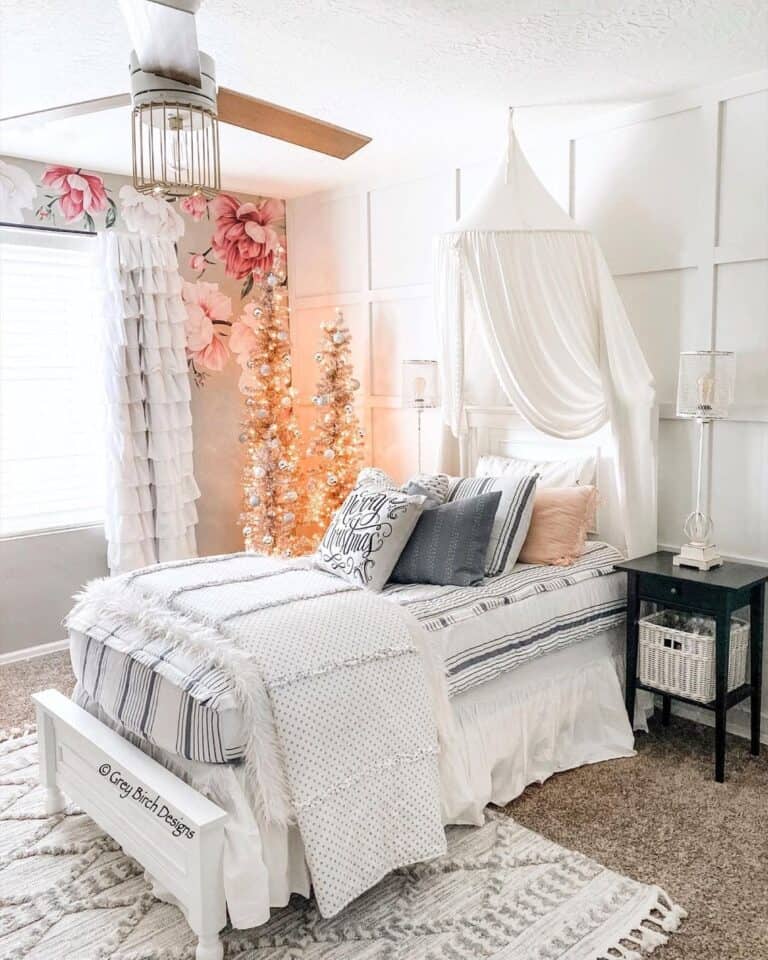 Girls Canopy Bed with White Bedside Lamps