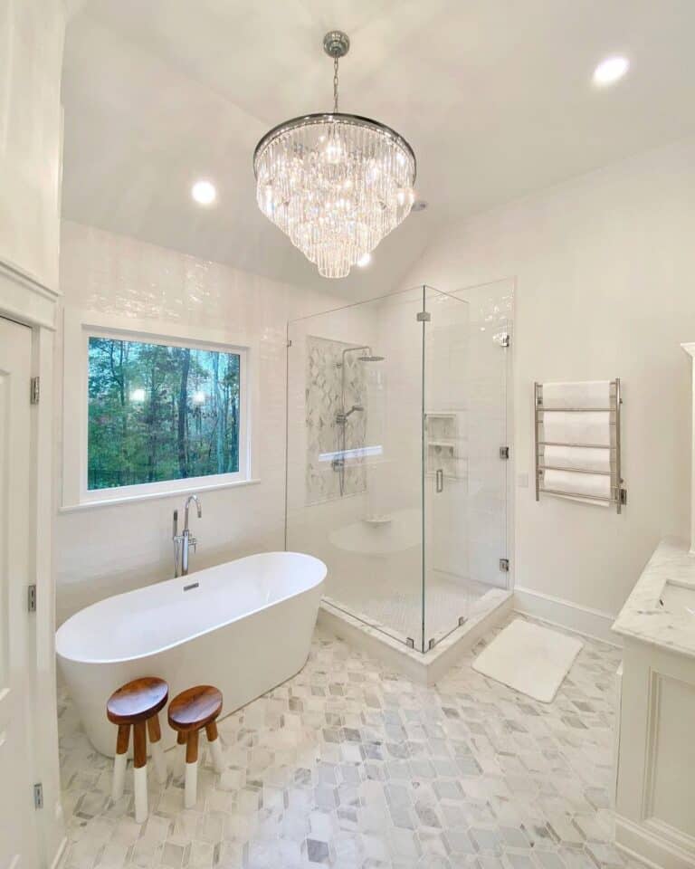 Freestanding Bathtub Next to Glazed Tile Shower