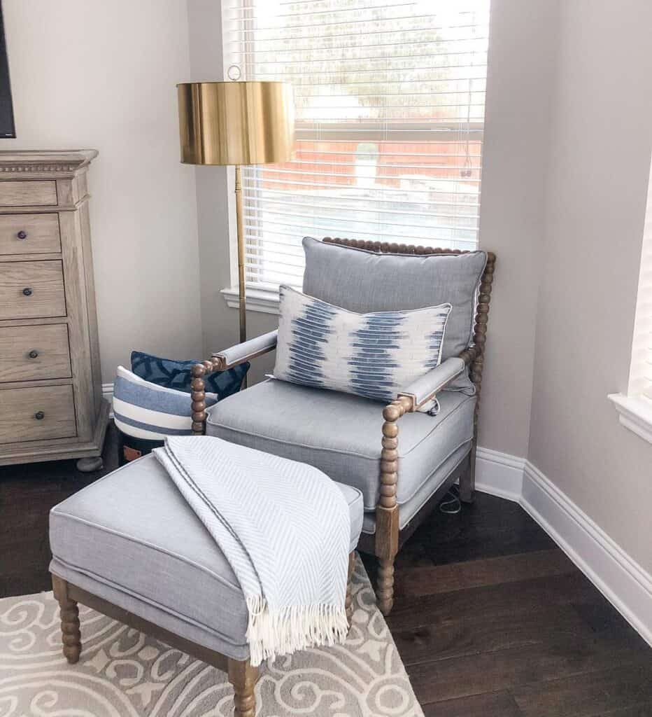 Gray Armchair with Gold Bedroom Floor Lamp