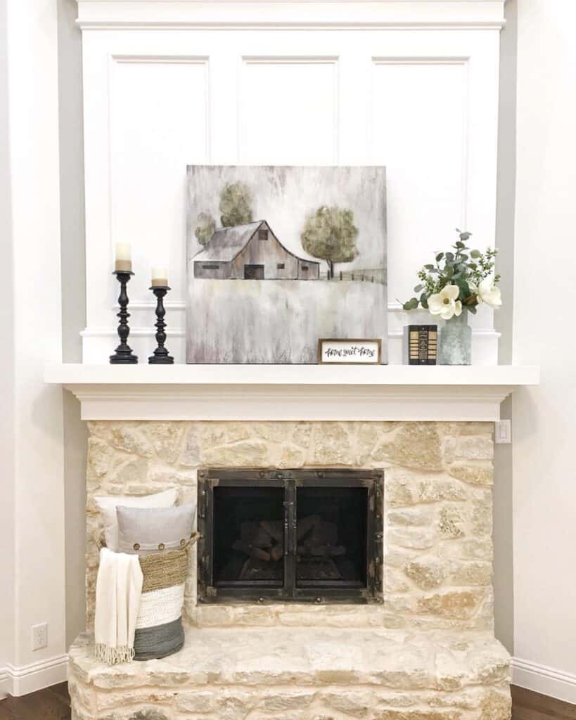 Gray Artwork on Ivory Fireplace Mantel