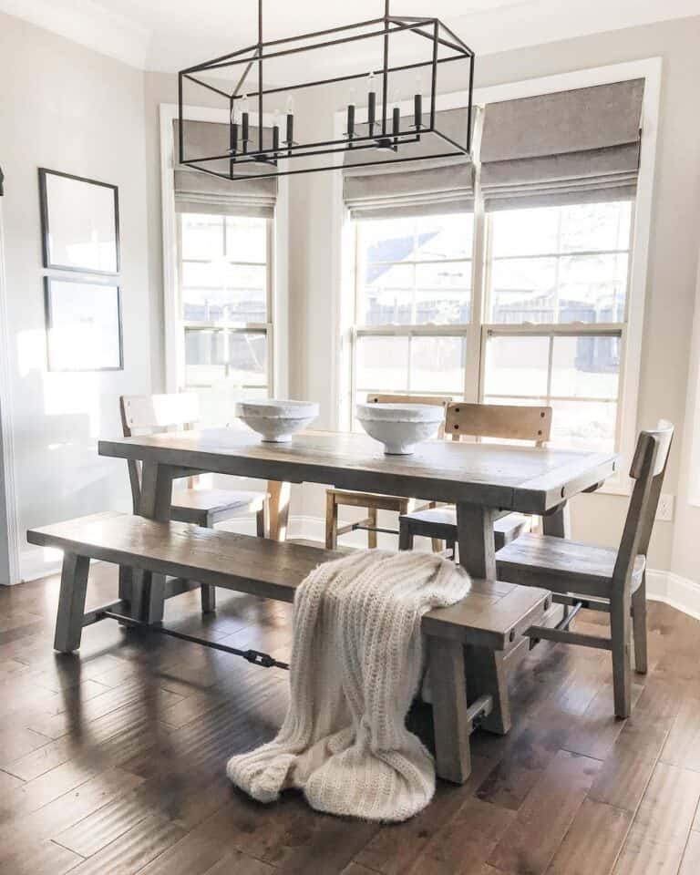 Gray Dining Room with Stained Wood Dining Bench