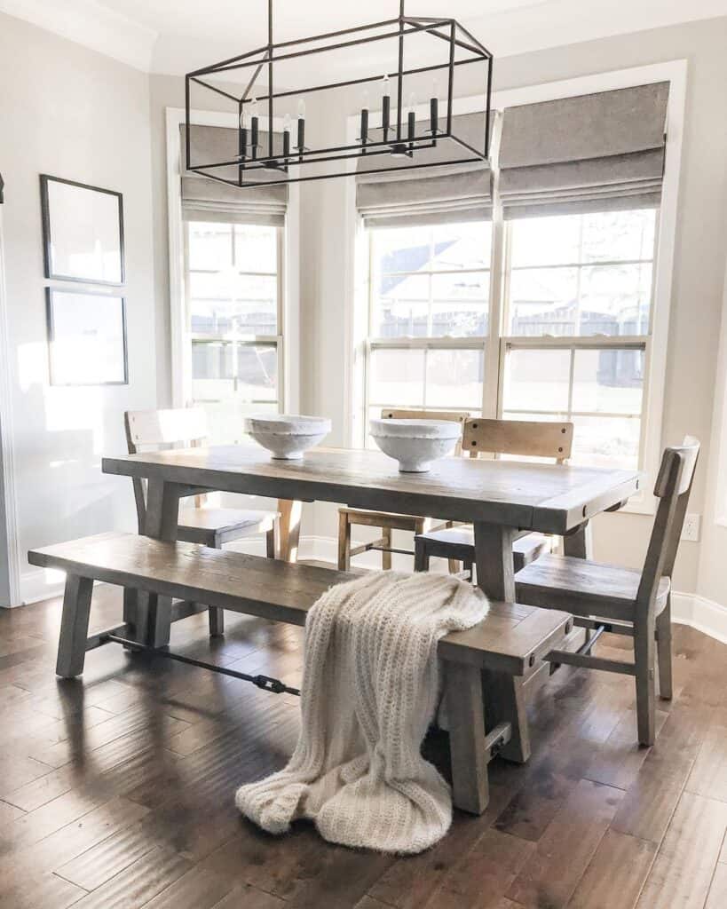 Gray Dining Room with Stained Wood Dining Bench
