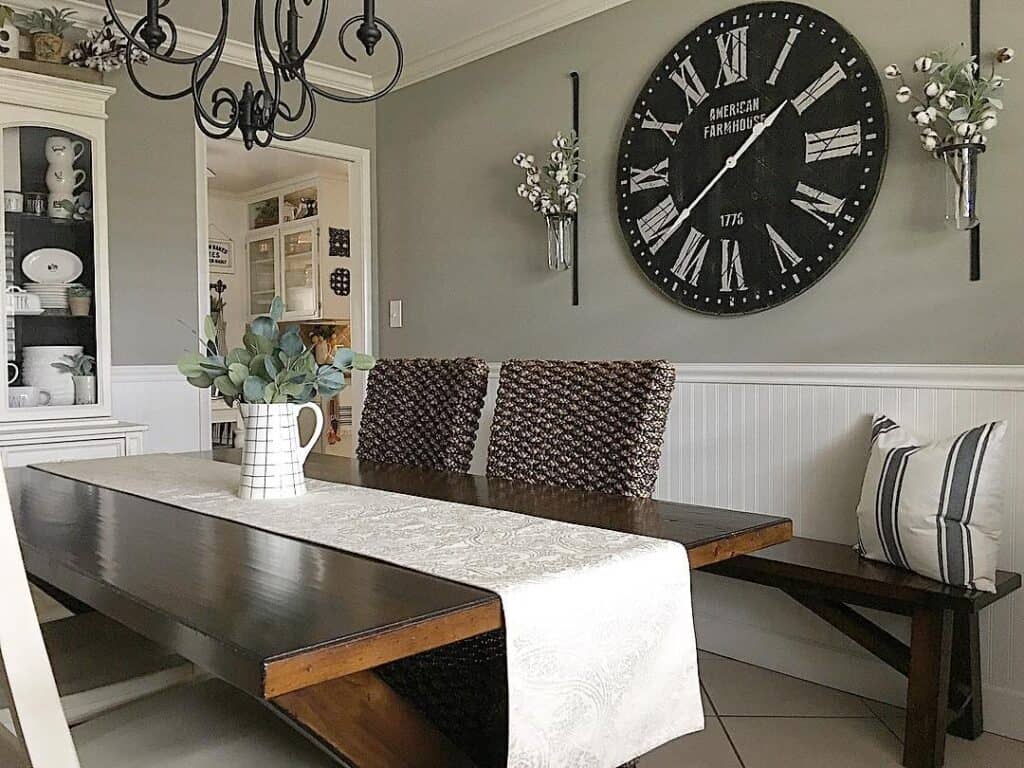 Gray Dining Room with White Beadboard Wainscoting