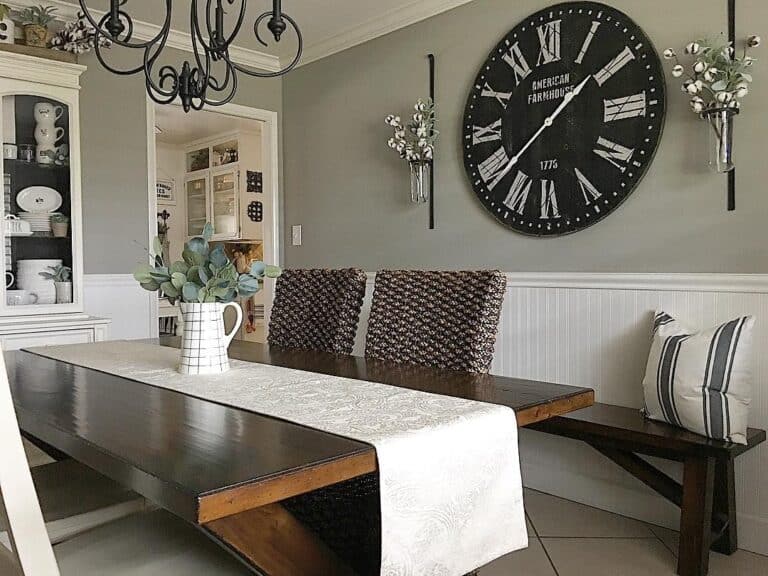 Gray Dining Room with White Beadboard Wainscoting