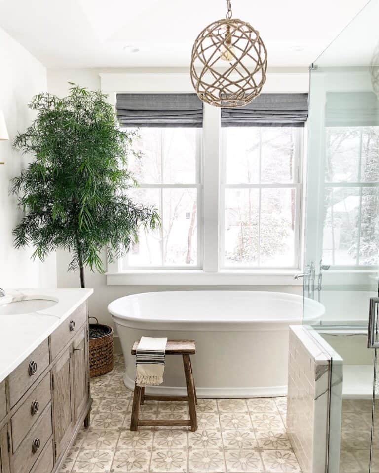 Gray Roman Shade Farmhouse Bathroom Windows