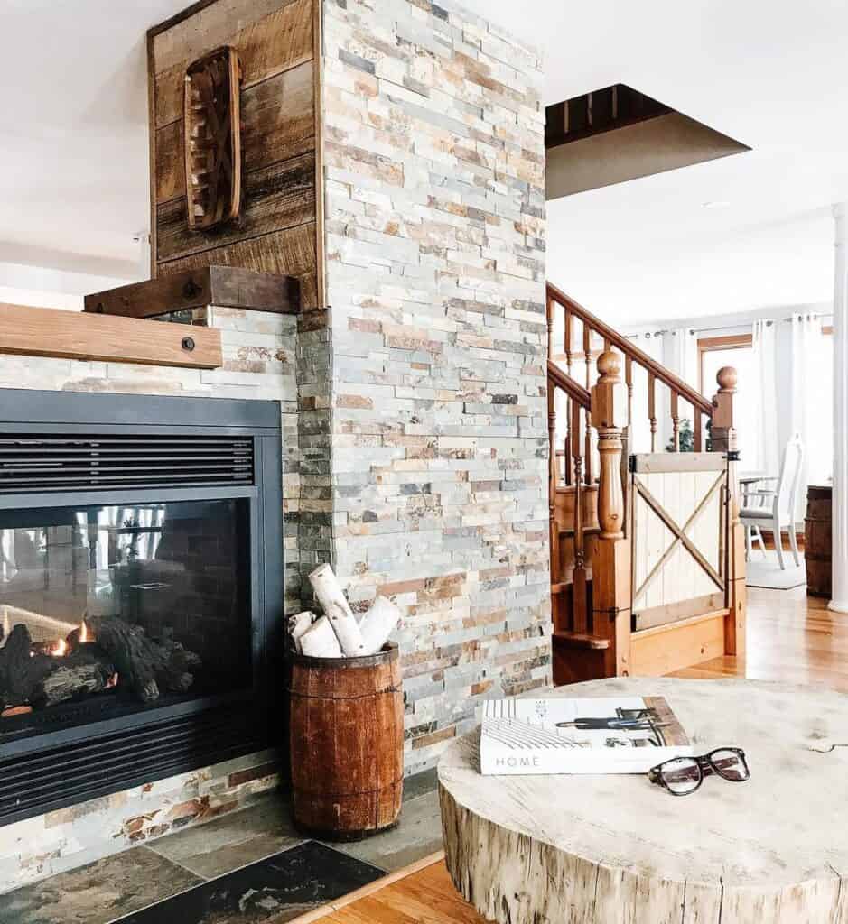 Gray and Beige Stone Double Sided Fireplace