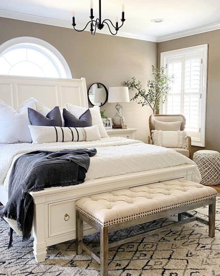 Gray and White Table Lamp in Farmhouse Bedroom