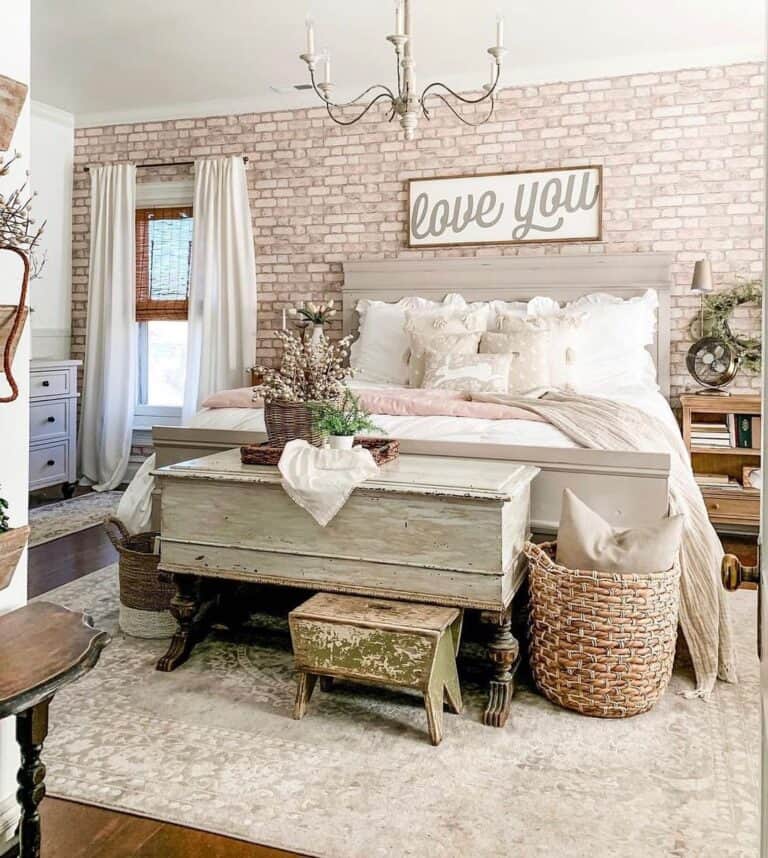Cozy Farmhouse Bedroom With Brick Accent Wall