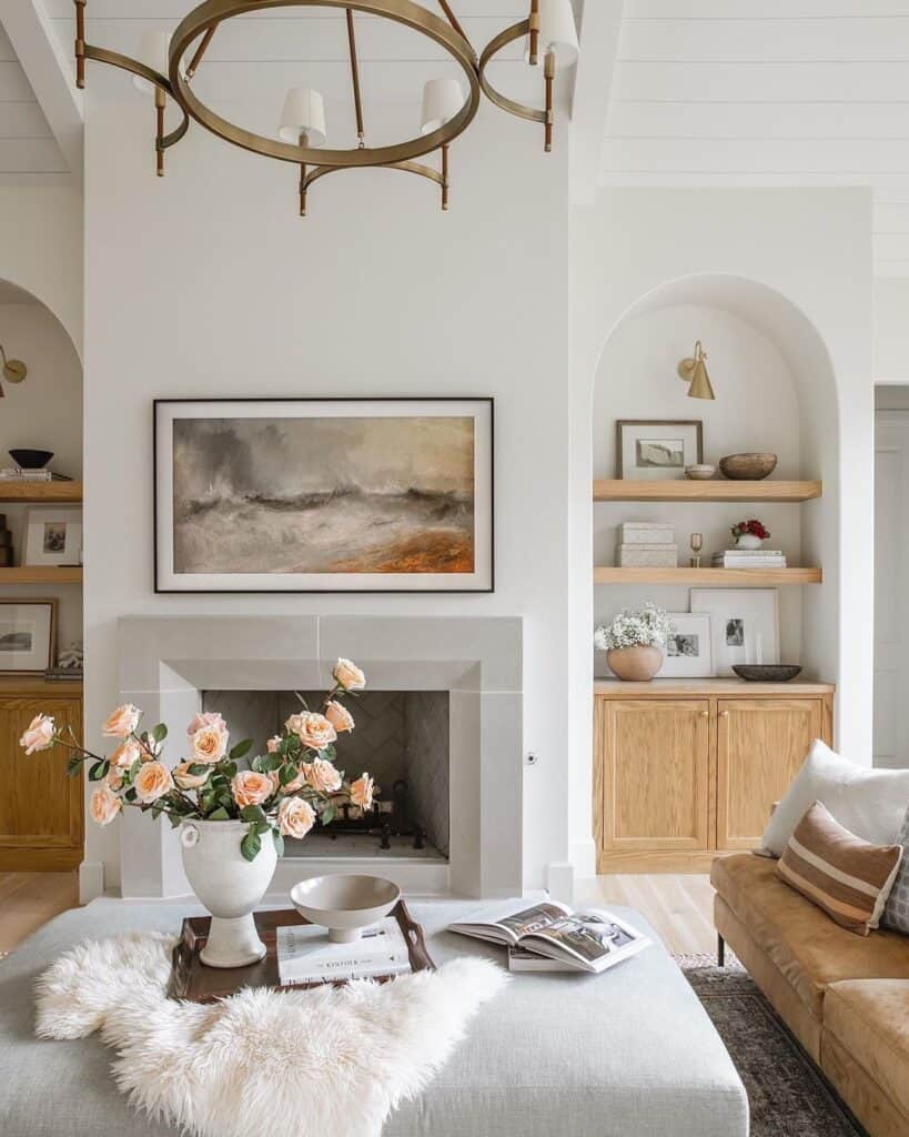 Light Gray Fireplace with Gray and Orange Art