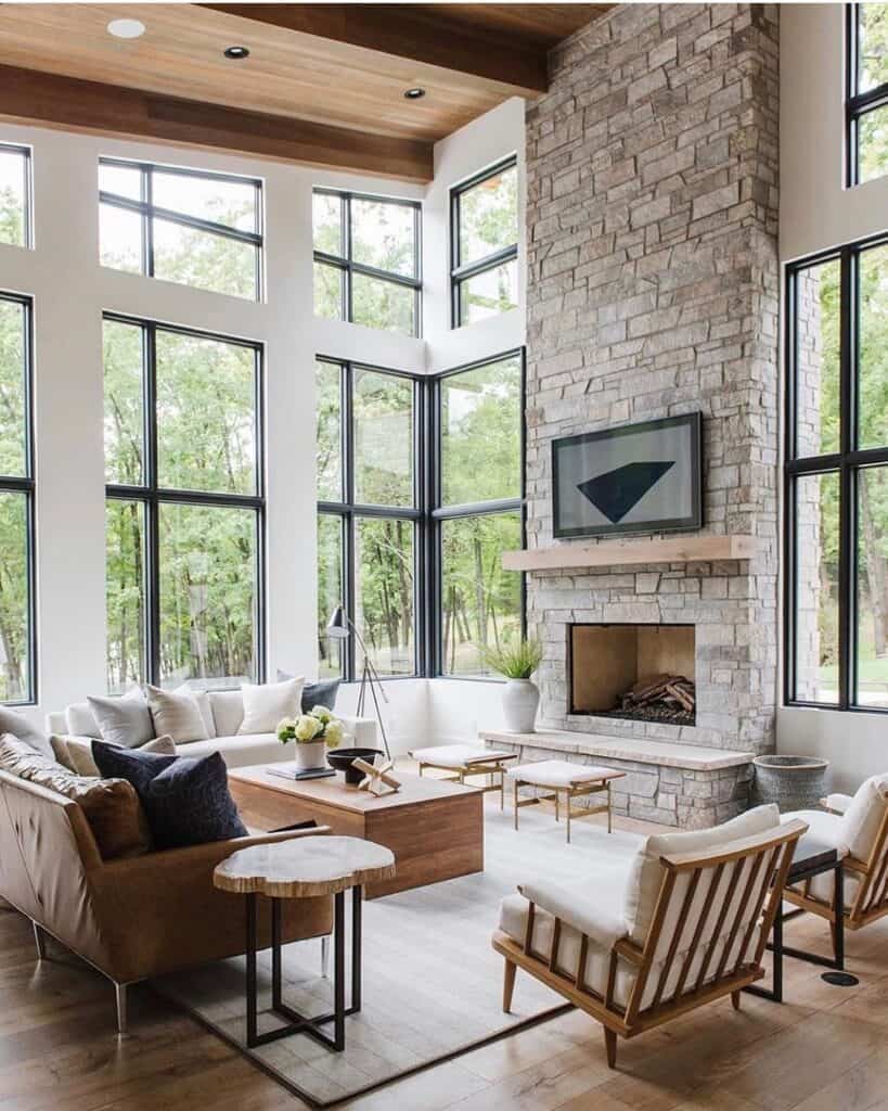 Living Room with Floor to Ceiling Stone Fireplace