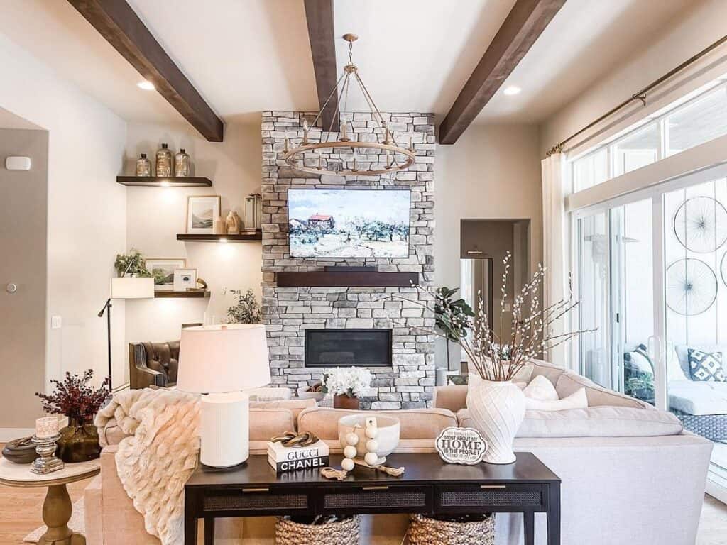 Living Room with Gray Dry Stack Stone Fireplace