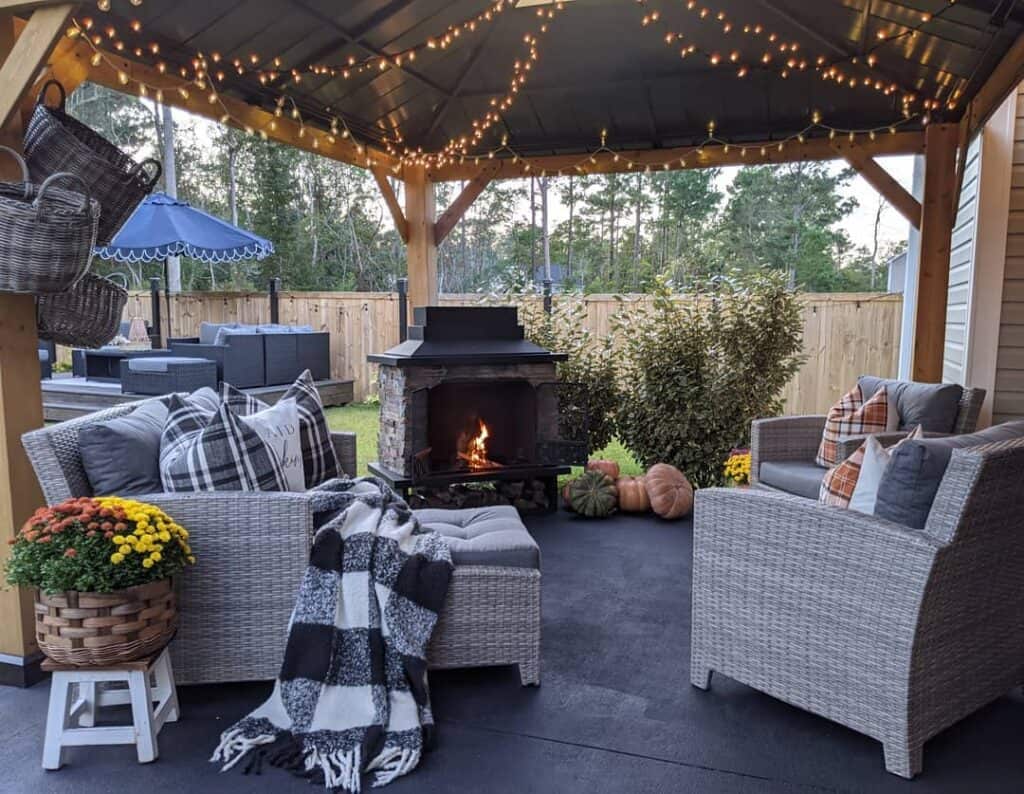 Patio Gazebo with Black and Stone Outdoor Fireplace