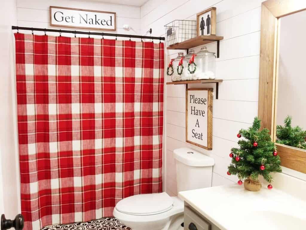 Red Plaid Shower Curtain for White Shiplap Bathroom