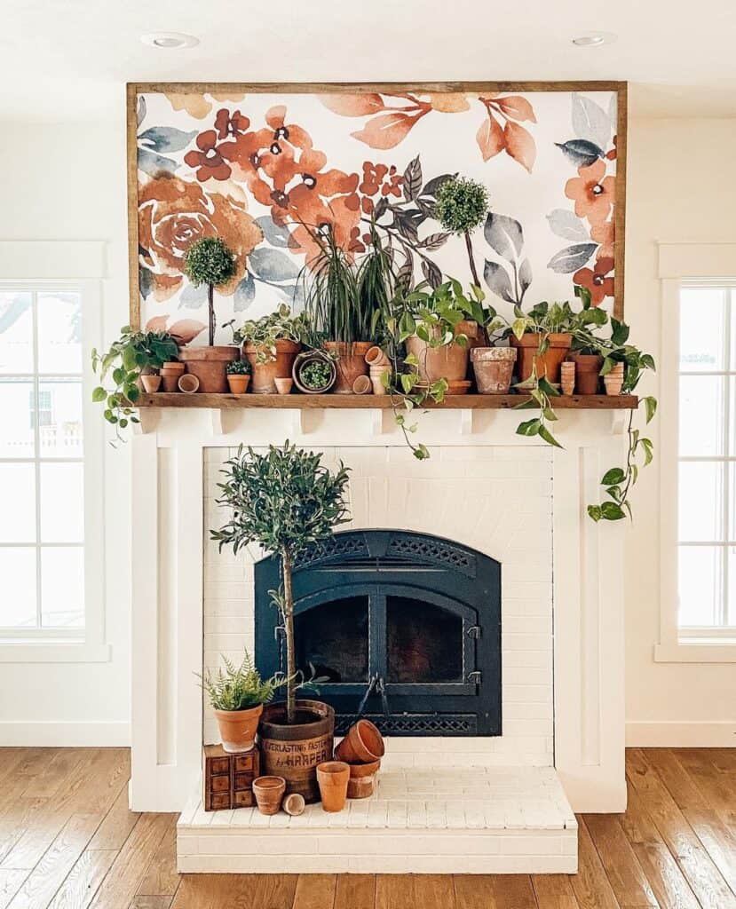 Red and Blue Floral Art Above Fireplace