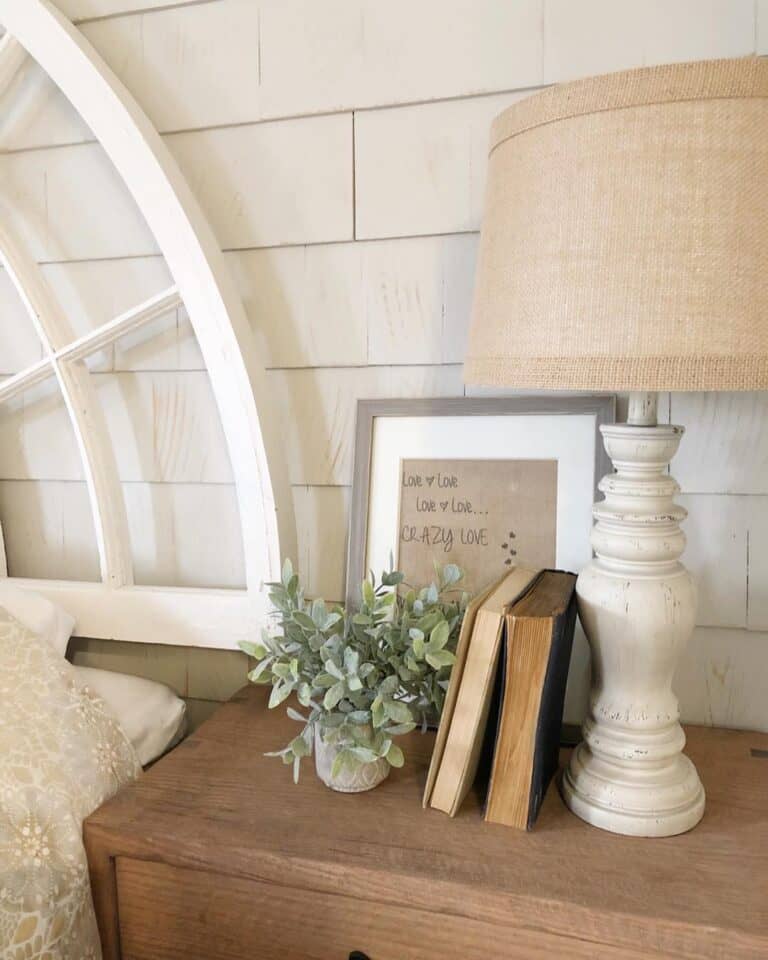 Rustic Ivory Table Lamp on Wood Nightstand