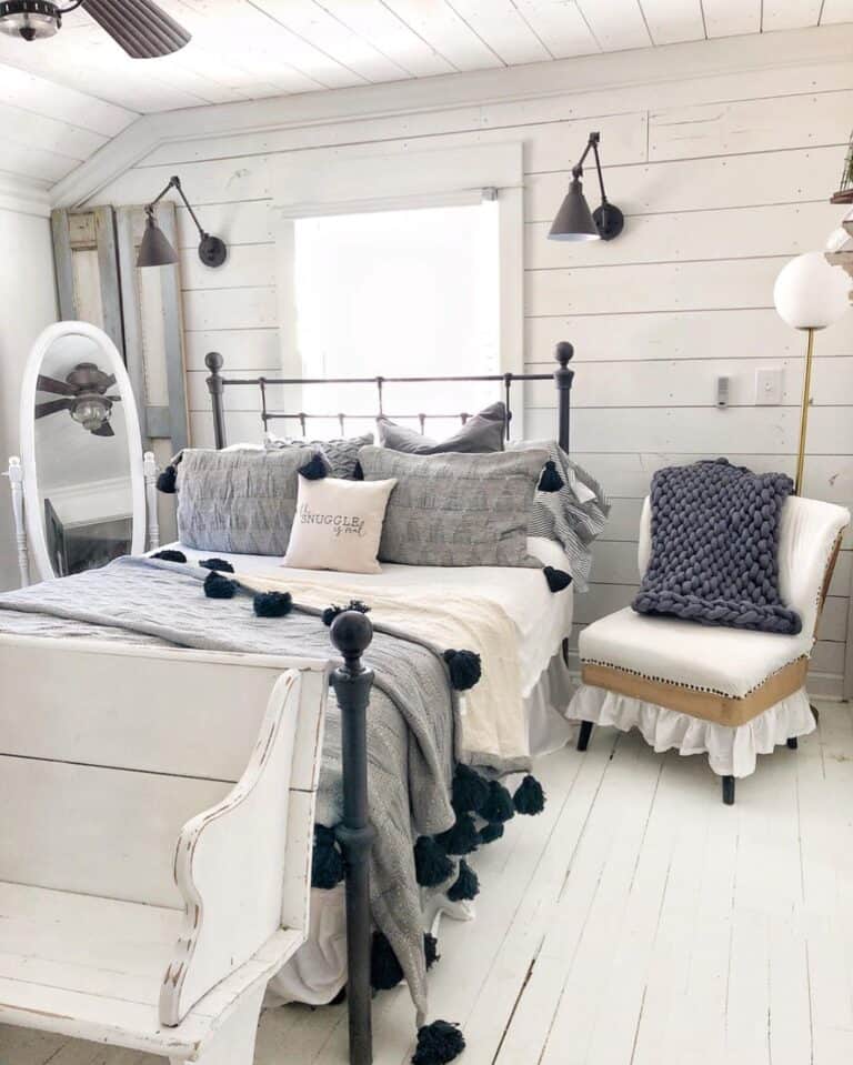 Shiplap Bedroom with Brass and White Floor Lamp