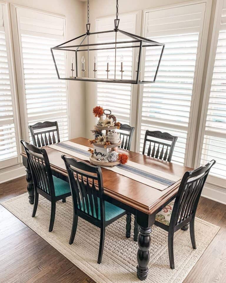 Two-toned Farmhouse Kitchen Table on Beige Rug