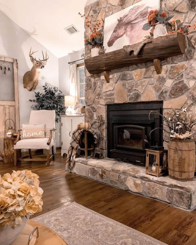 Uneven Stone Fireplace with Half Log Mantel