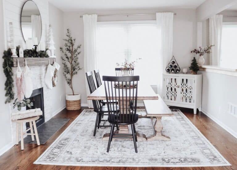 Vintage Rug in Farmhouse Dining Room with Gray Walls