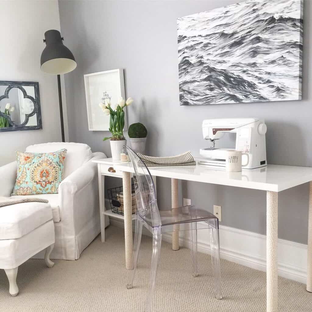 White Armchair with Black Bedroom Floor Lamp