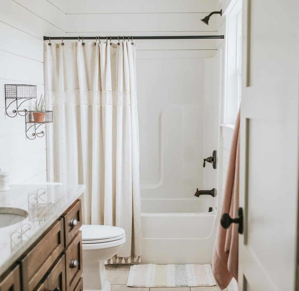 White Bathroom Ivory Tassel Shower Curtain