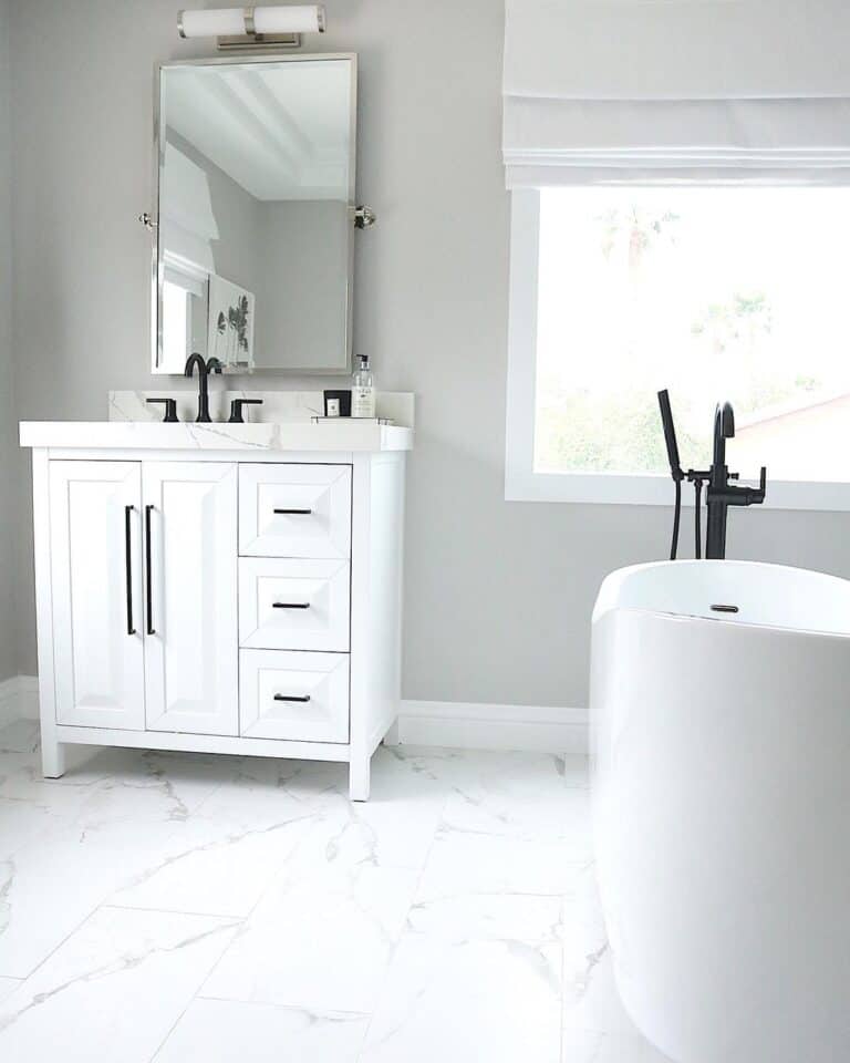 White Bathroom Picture Window with Roman Shade