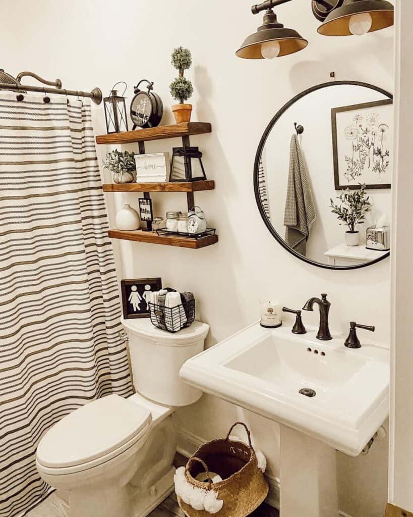 White Bathroom with Striped Shower Curtain