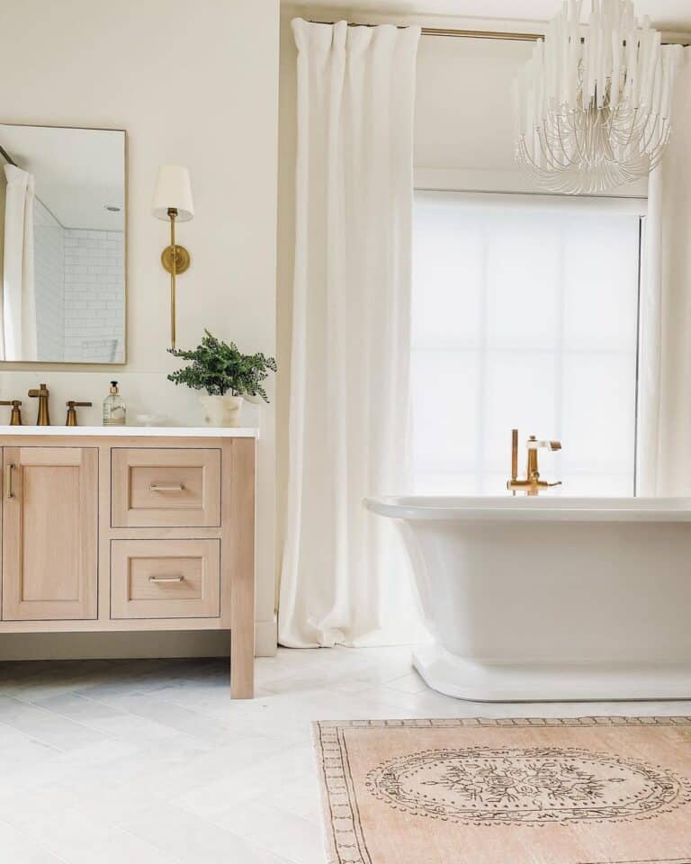 White Bathroom with White Window Drapes