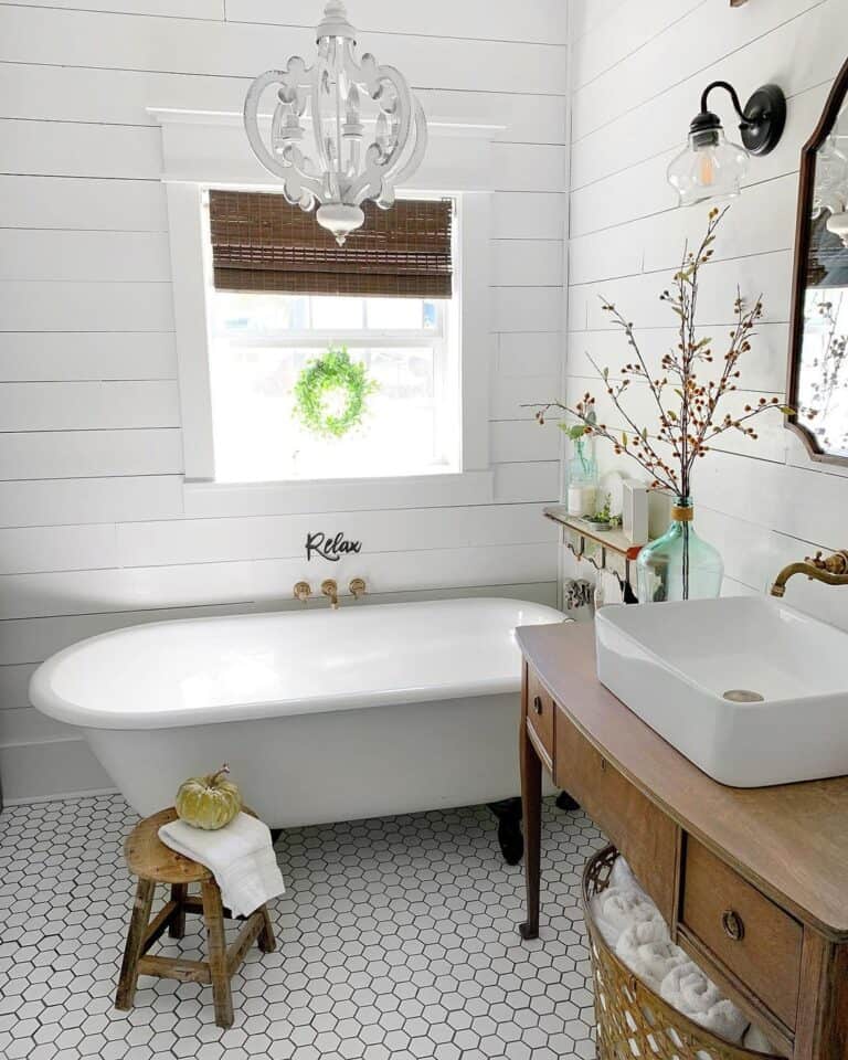 White Farmhouse Window with Bamboo Shades