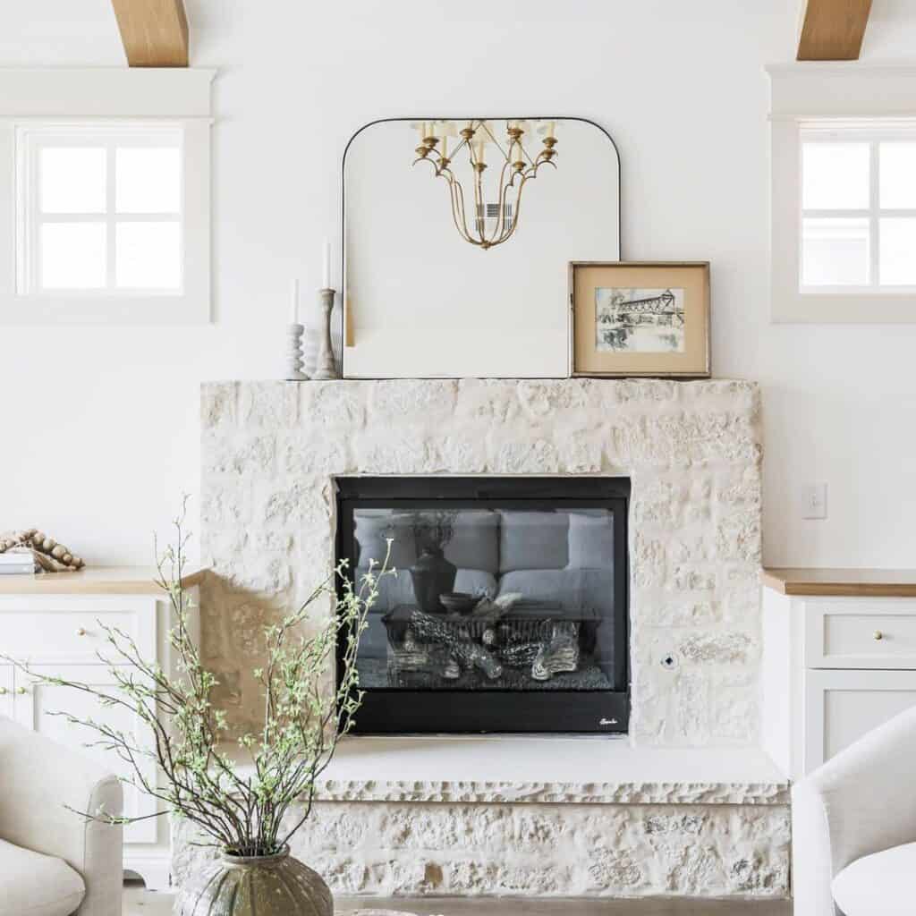 White Painted Stone Fireplace with Black Firebox