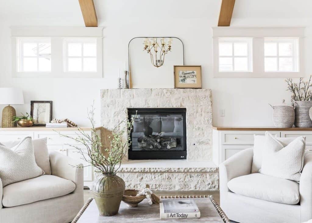 White Painted Stone Living Room Fireplace