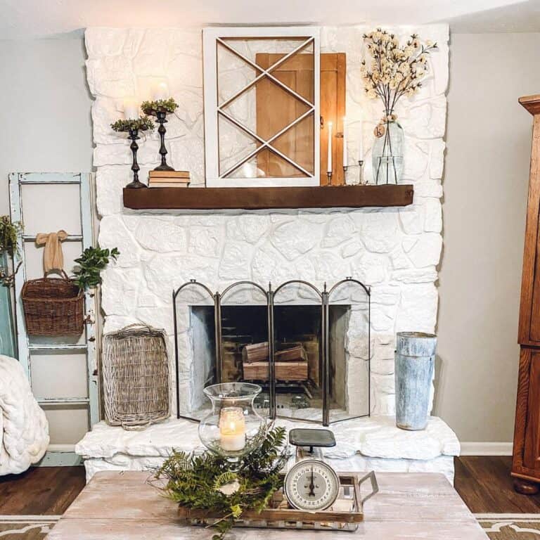 White Painted Uneven Stone Fireplace