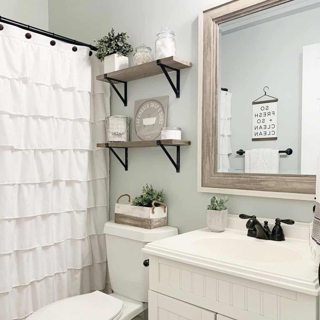 White Ruffled Farmhouse Bathroom Shower Curtain