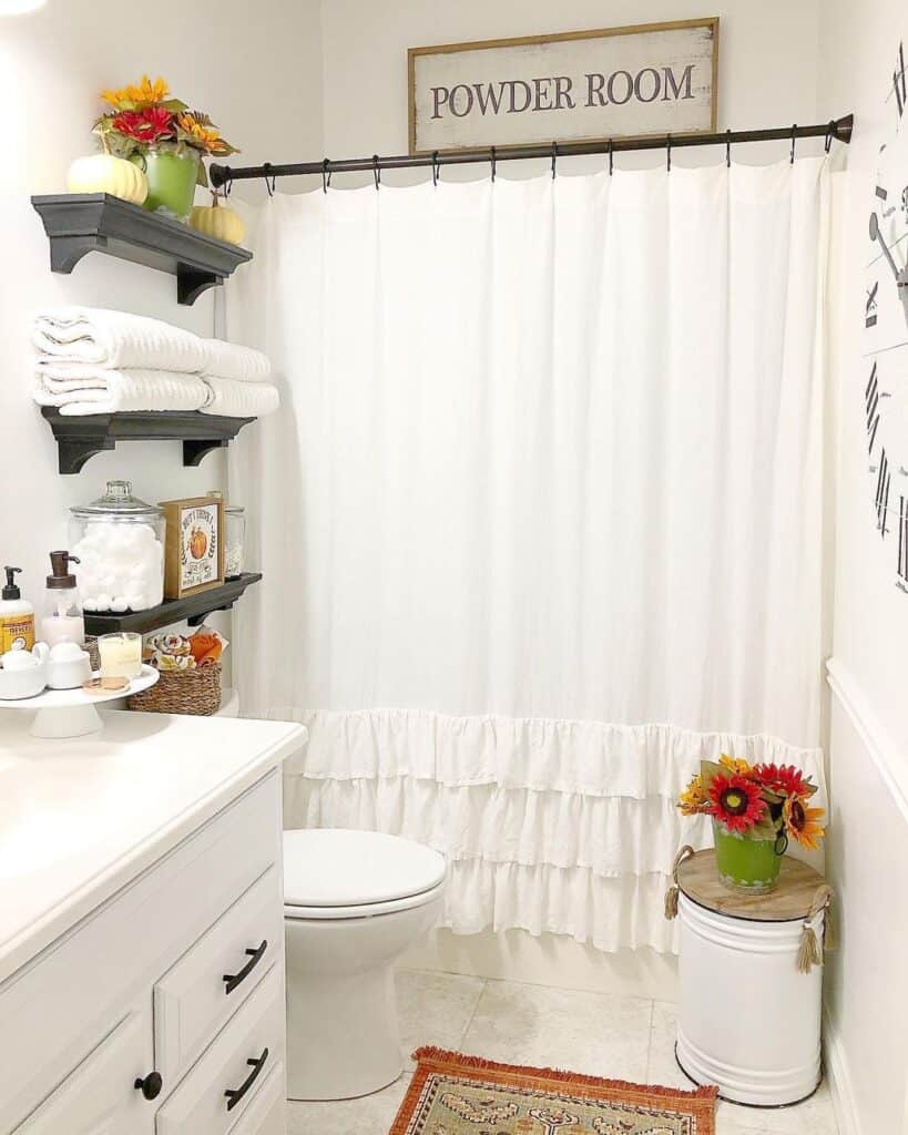 White Ruffled Shower Curtain for White Bathrooms