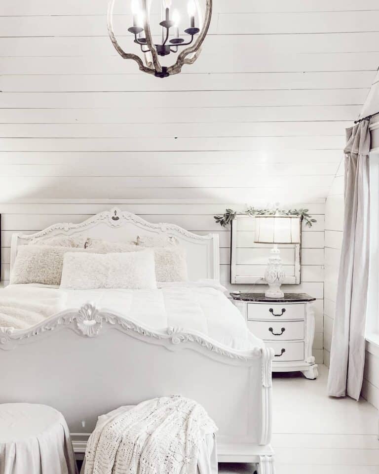 White Shiplap Bedroom with White Table Lamp