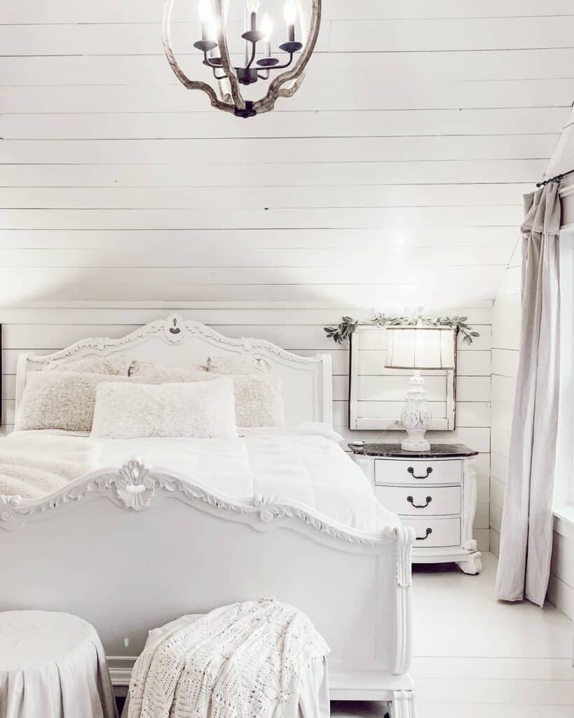 White Shiplap Bedroom with White Table Lamp