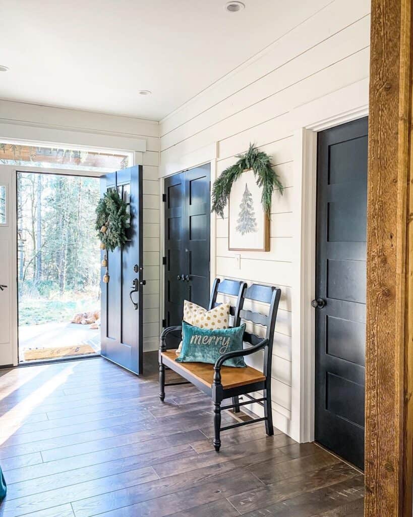 White Shiplap Entryway with Black Interior Doors