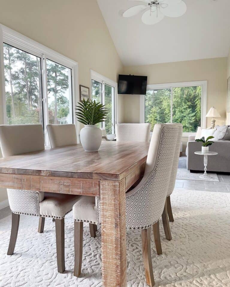 White Tufted Area Rug in Farmhouse Dining Room