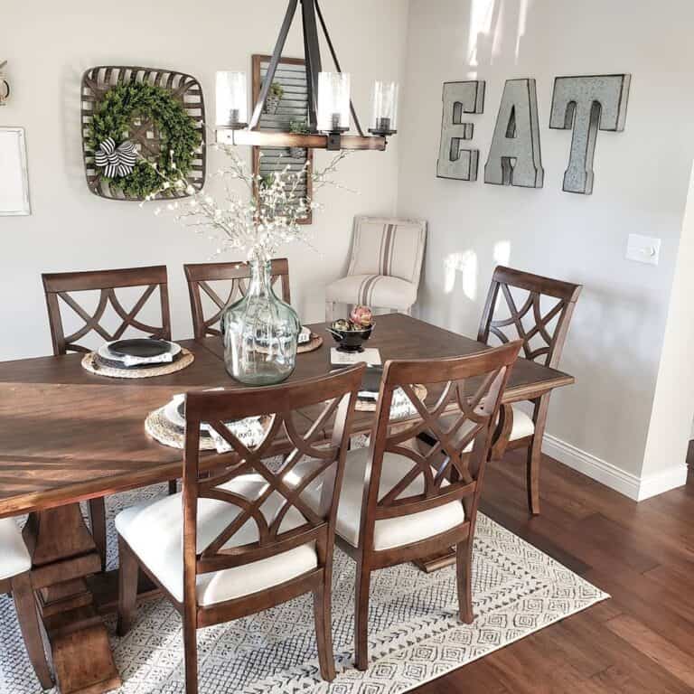 White and Black Rug in Farmhouse Dining Room