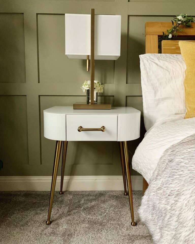 White and Gold Table Lamp in Olive Green Bedroom