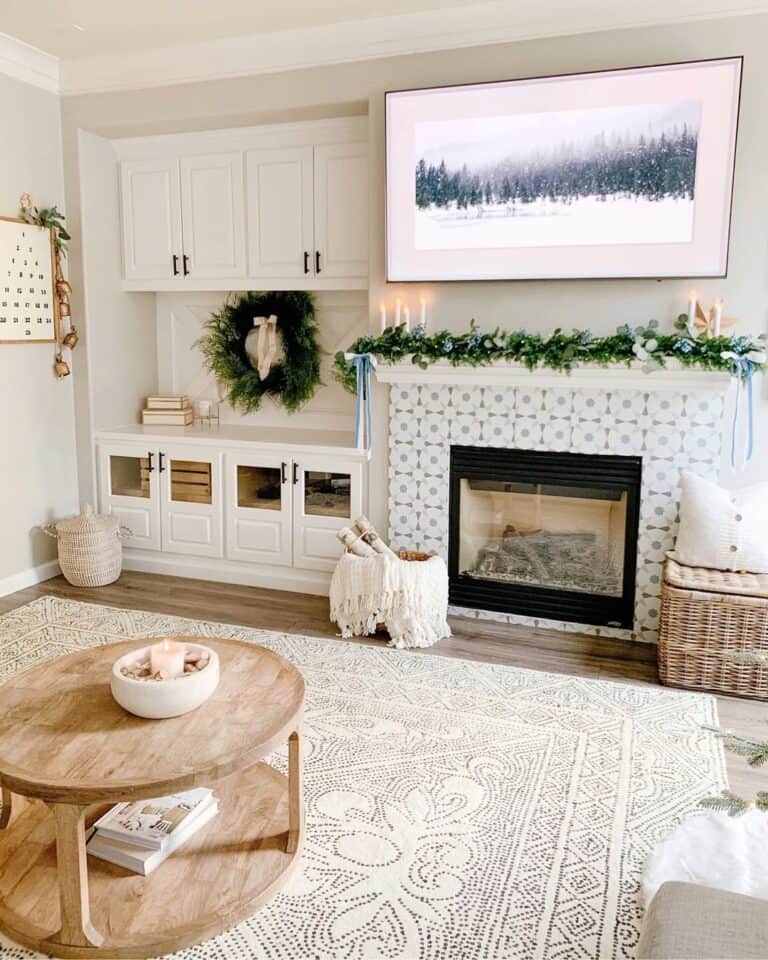 White and Gray Mosaic Tile Fireplace with Art Above