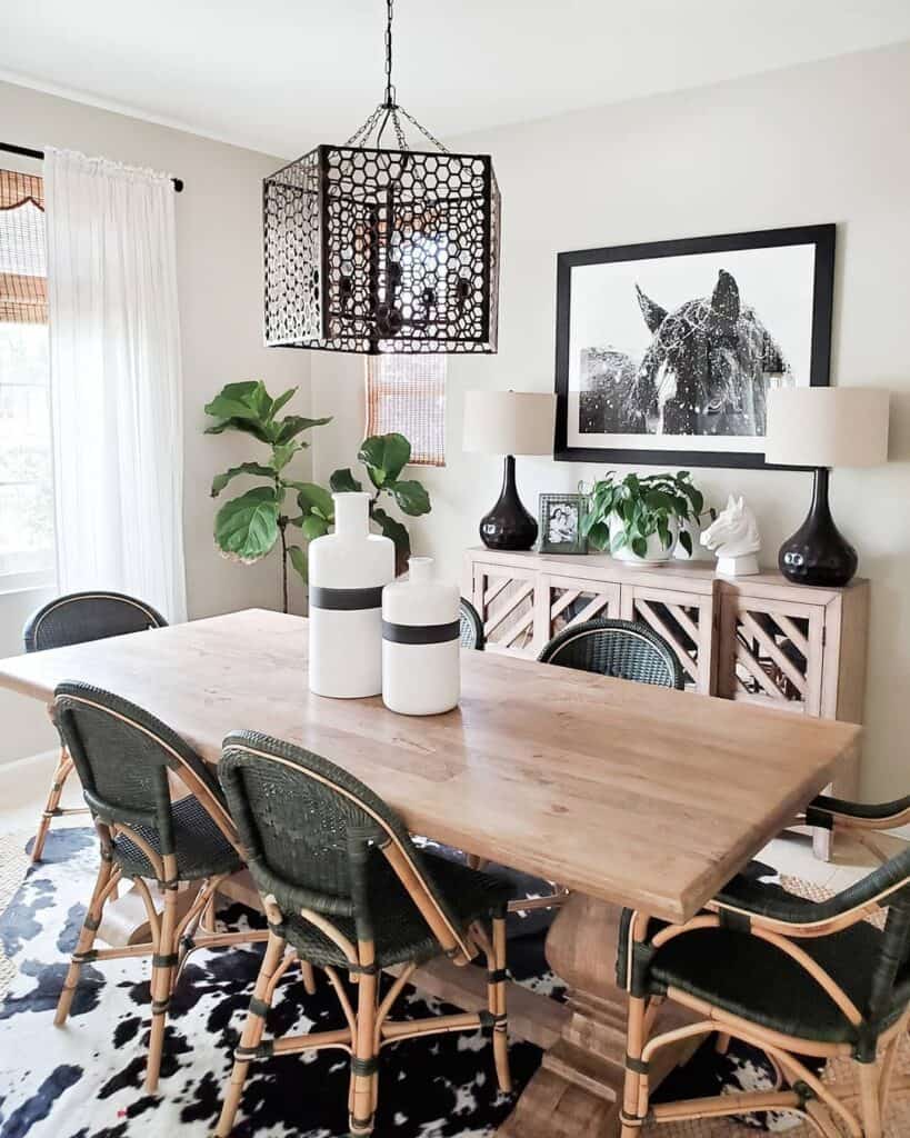 Wooden Farmhouse Dining Table on Cowhide Rug