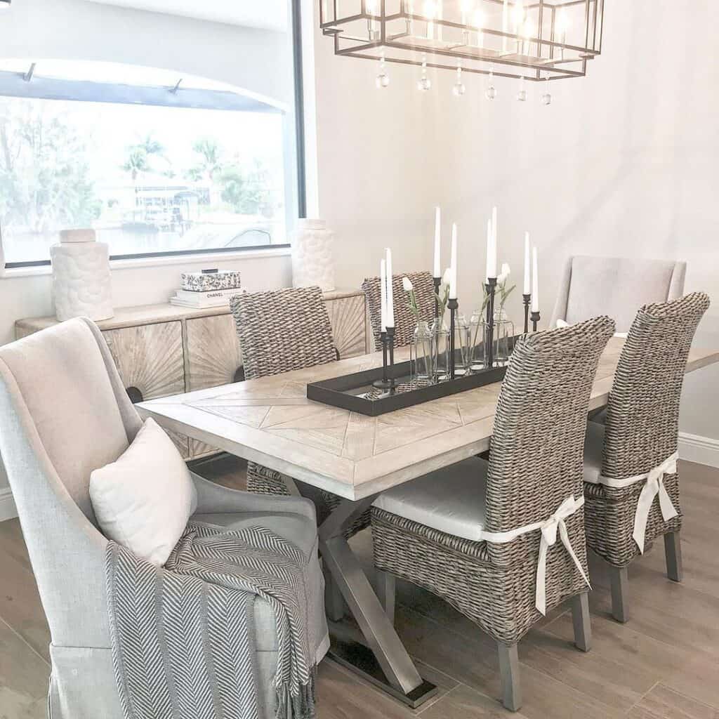 X Base Dining Table with Wicker Chairs