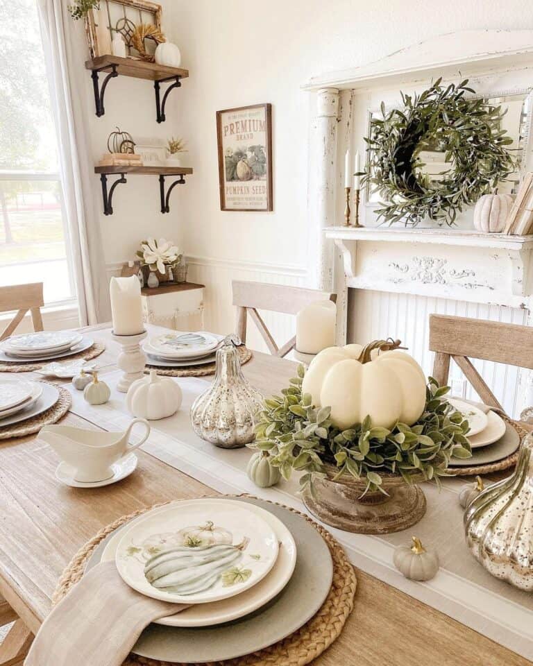 Dining Room with White and Silver Table Décor