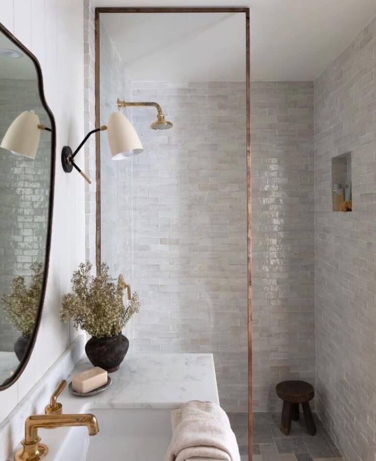 Aged Brass Frame Glass Shower Partition