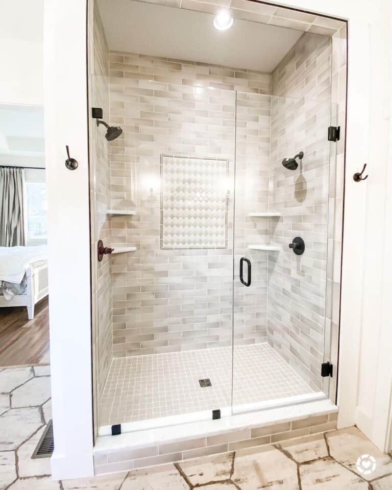 Bathroom with Beige Staggered Tile Shower